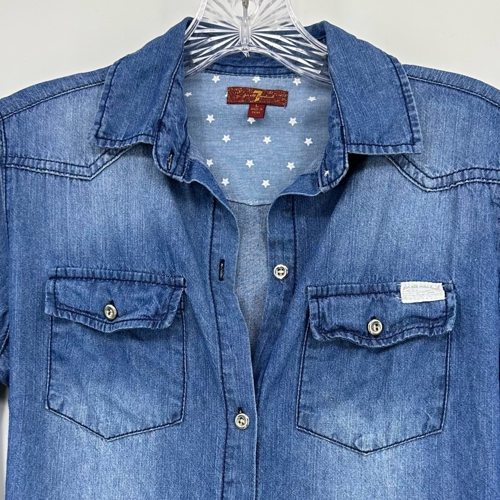 7 For All Mankind Shirt Dress Long Sleeve Chambray Denim Blue Size L Girl - Picture 2 of 8